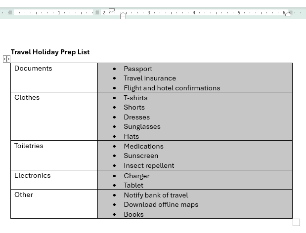 Table list default indent